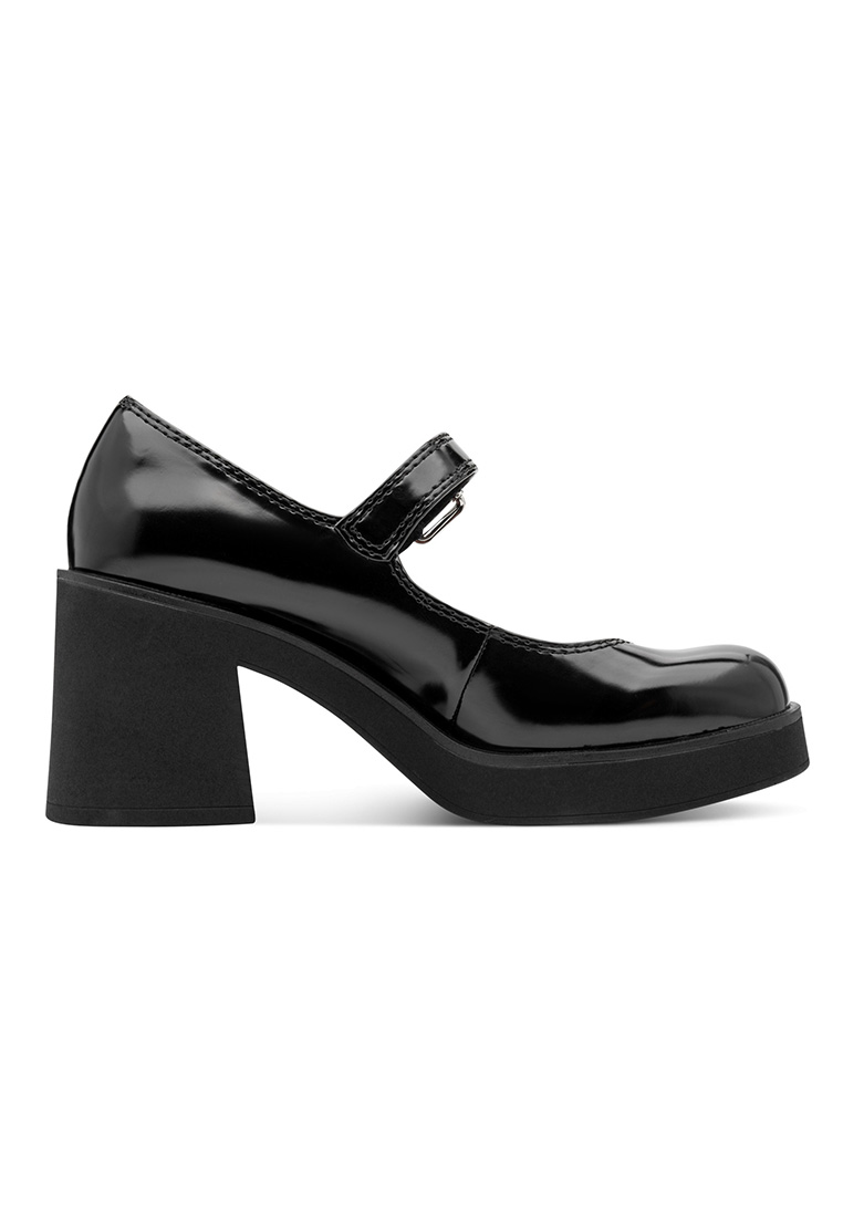 Tamaris Mary Jane Pumps in schwarz, Seitenansicht. Elegante Pumps mit Blockabsatz und Riemenverschluss.