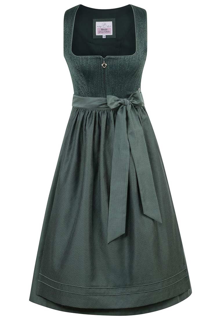 MarJo Trachten Dirndl Eberstein tannengrün 70 cm, Frontansicht, in einem eleganten tannengrünen Farbton mit einem auffälligen Band und einem schlichten Reißverschluss.