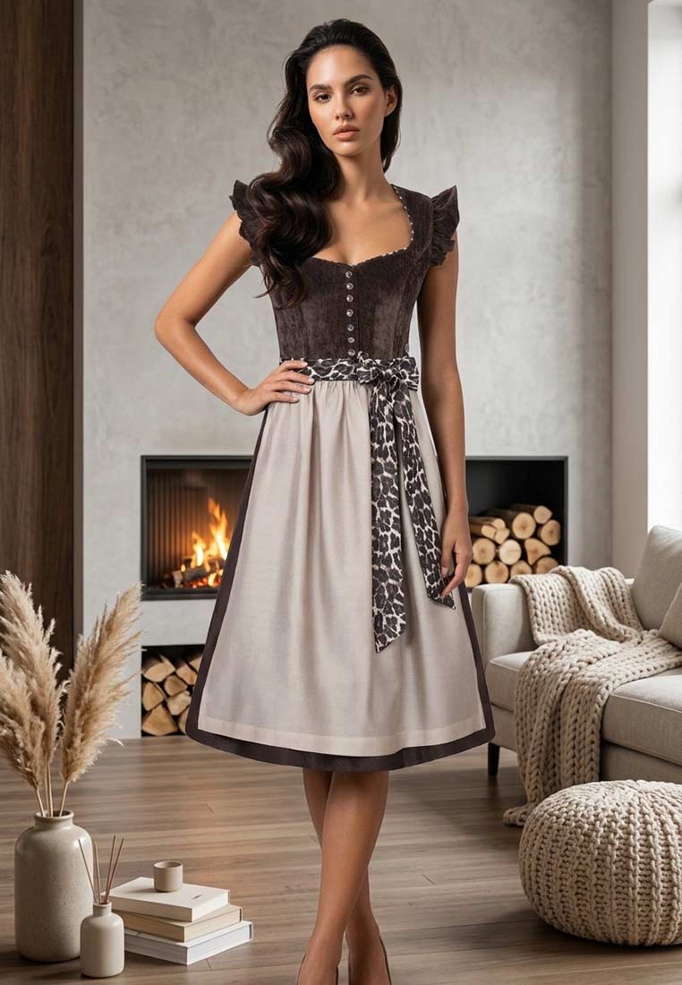 MarJo Trachten Dirndl Leo dunkelbraun 65 cm mit abnehmbaren Flügelärmeln, Frontansicht. Das Dirndl ist dunkelbraun und beige, mit einem Leo-Muster-Schleifenband.