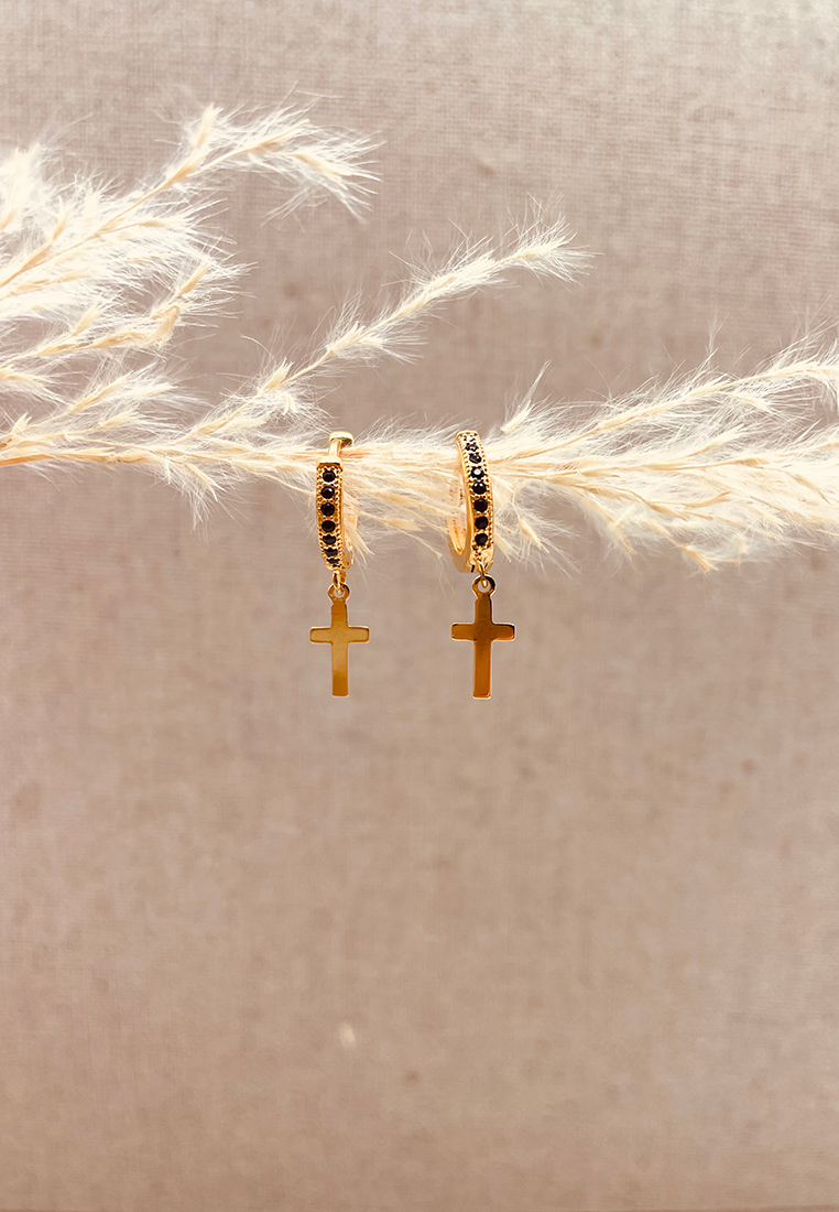 Ohrring Kreuz Gold Strass schwarz