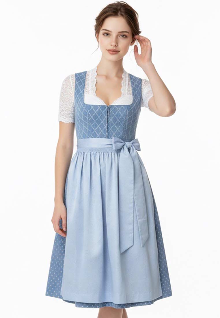 Frontansicht eines Marjo Dirndl Nebelberg himmelblau 70 cm mit V-Ausschnitt und Satinband in der Taille.