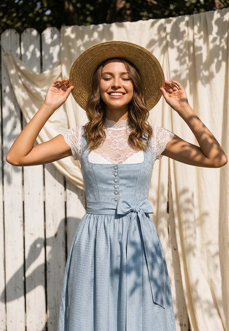 MarJo Trachten Dirndl Langdorf hellblau vorne. Das Dirndl ist hellblau und hat eine Schnürung auf der Vorderseite. Es wird mit einer Spitzenbluse kombiniert.