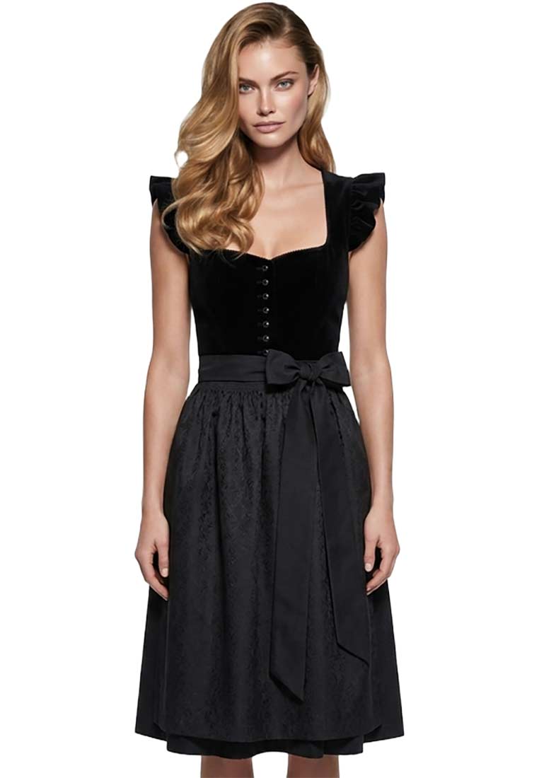 Kaiseralm Dirndl Taminack schwarz 70 cm, Frontansicht eines eleganten schwarzen Samt-Oberteils mit Schleife und gemustertem Rock.