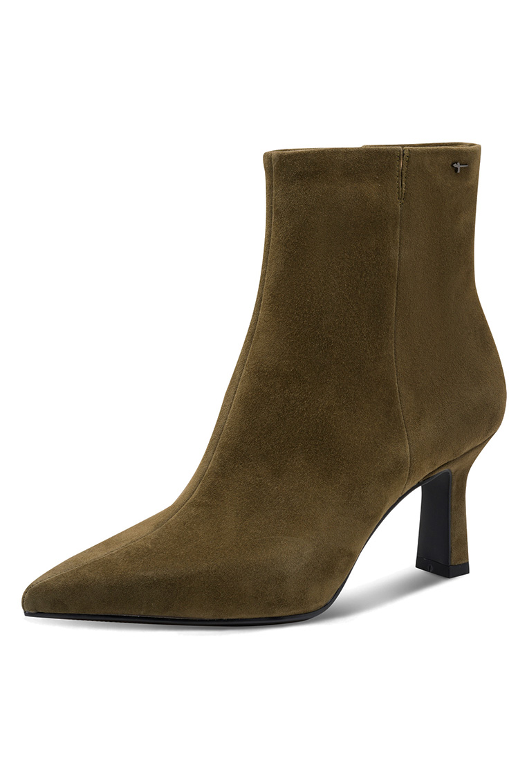 Tamaris Valeria Stiefelette oliv, elegante Damenstiefelette aus Wildleder mit spitzem Zehenbereich und Blockabsatz, Frontansicht.