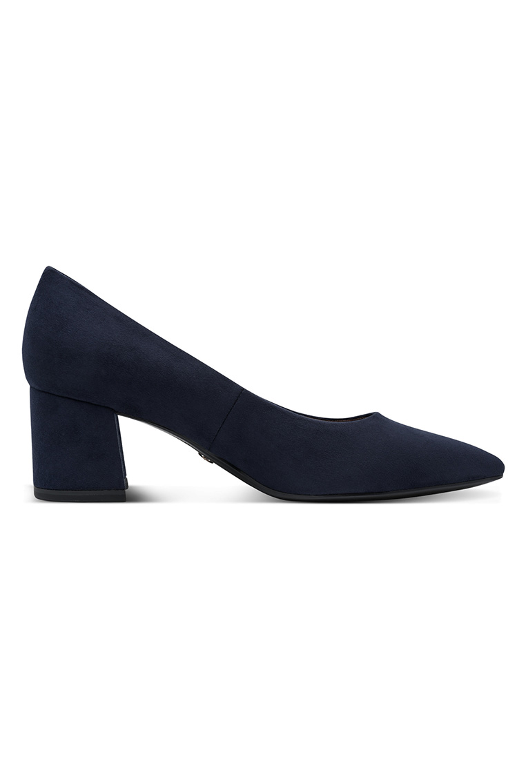 Tamaris Pumps Monique dunkelblau – Seitenansicht eines eleganten dunkelblauen Pumps mit Blockabsatz und spitz zulaufender Kappe, aus weichem Material.