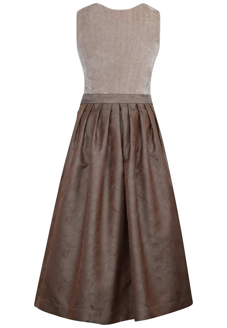 MarJo Trachten Dirndl Ottenschlag in Taupe, Rückansicht, mit Faltenrock und schlichter Taille, das taupefarbene Mieder ist aus Samt.