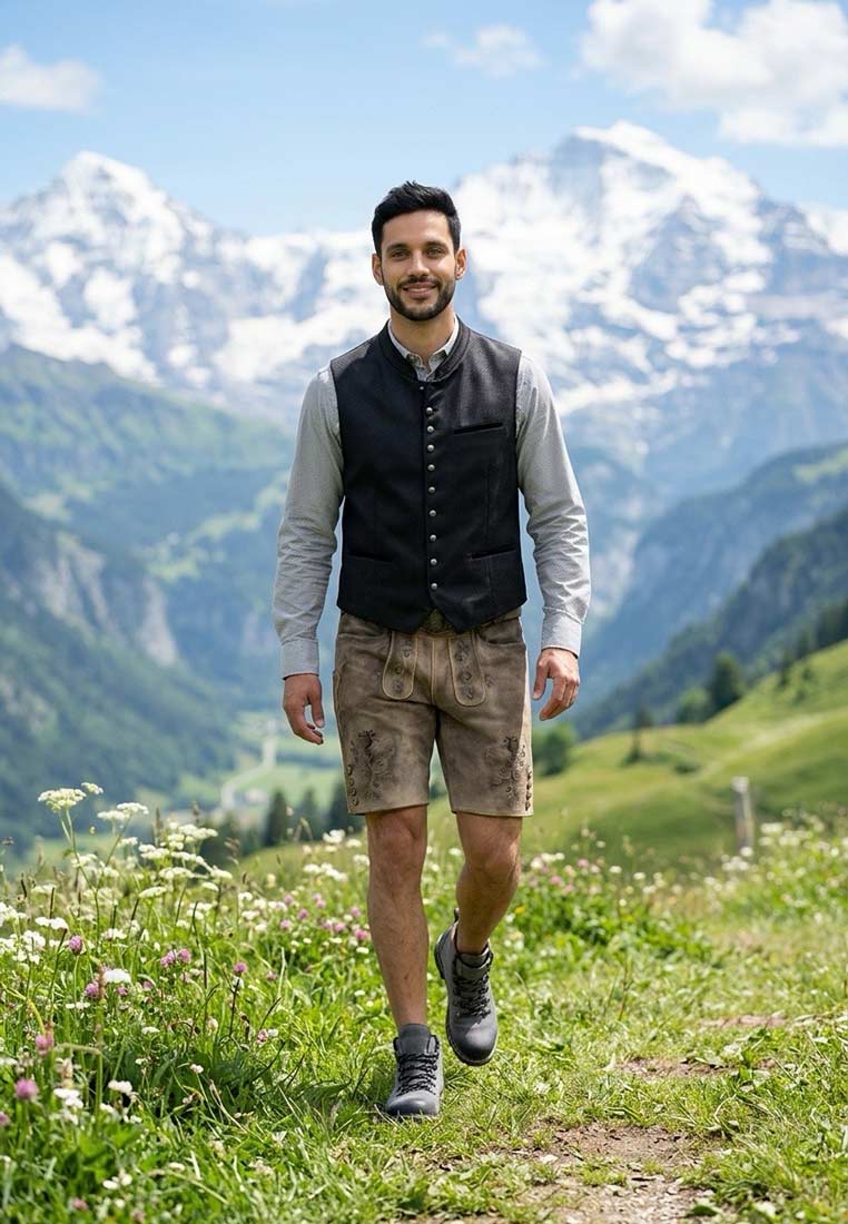 Maddox Lederhose Haldensee Buche in Braun, Frontansicht. Lederhose mit sichtbaren Taschen und Gürtelschlaufen, aus hochwertigem Material gefertigt.