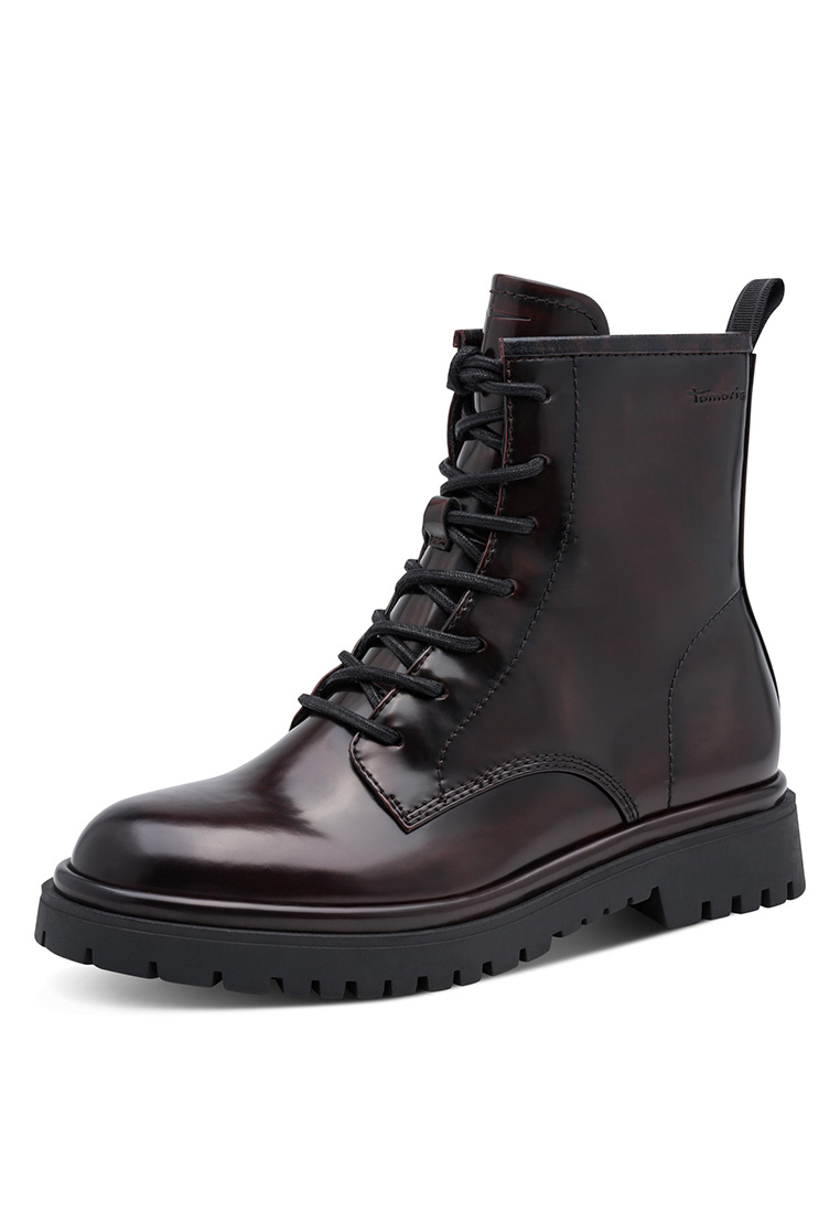 Tamaris Aria Stiefelette in Bordeaux von vorne mit Schnürung und dicker Sohle. Elegante Damen Stiefelette mit Schnürsenkeln.