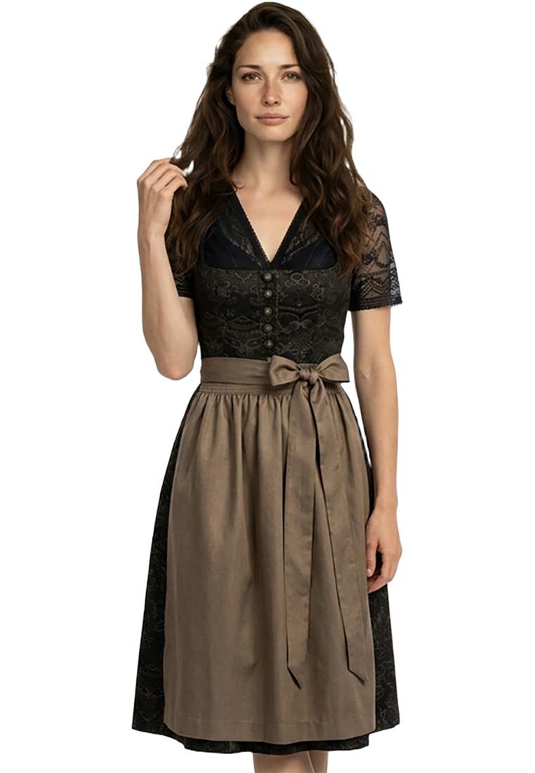 Trachten Deiser Dirndl Rosi braun 70 cm: Frontansicht eines stilvollen braunen Dirndls mit schwarzer Spitzenbluse und brauner Schürze, das Modell trägt das Dirndl.
