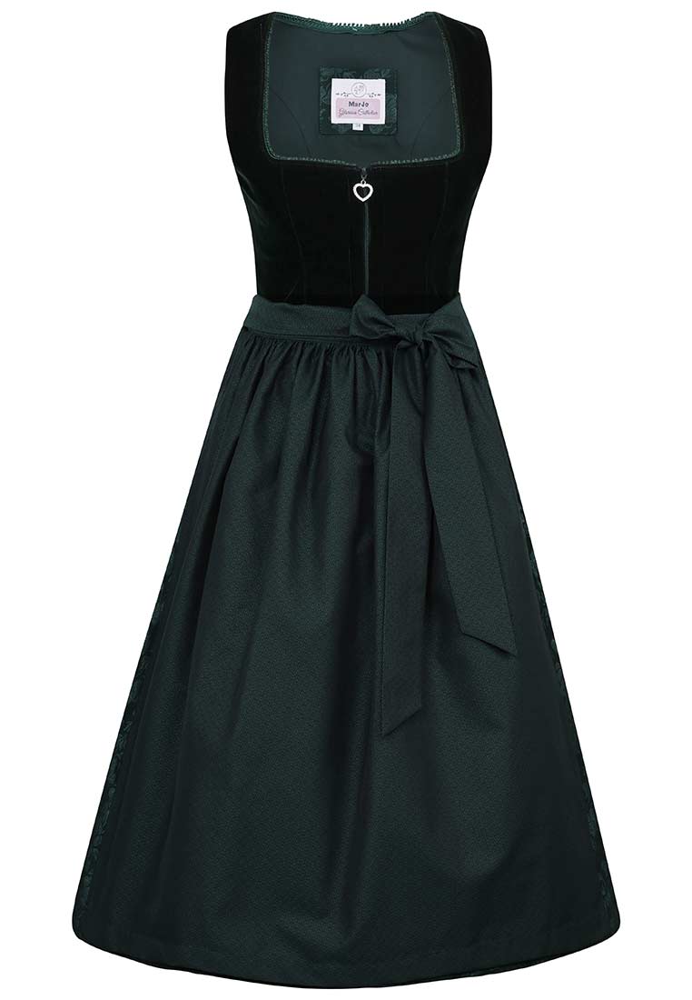 MarJo Trachten Dirndl Werndorf dunkelgrün 70 cm, Frontansicht. Das elegante dunkelgrüne Dirndl ist aus Samt und Baumwolle gefertigt und hat einen Herz-Anhänger am Reißverschluss.