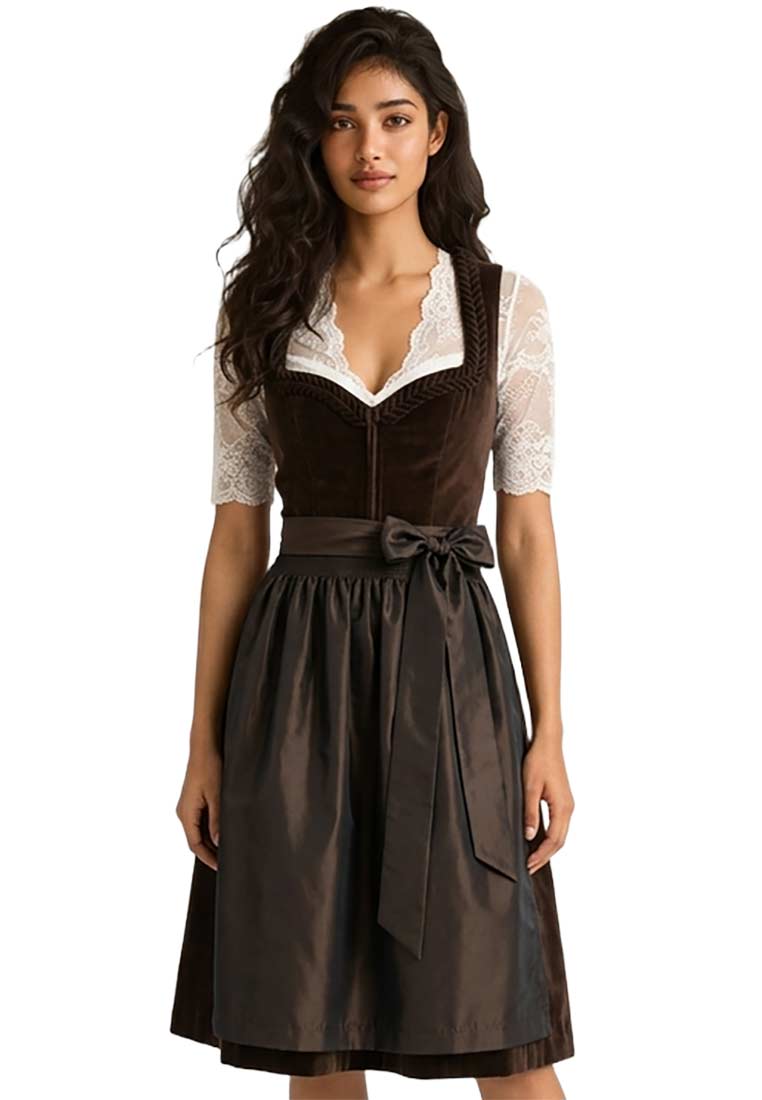 Trachten Deiser Dirndl Jasmina braun 70 cm. Frontansicht des stilvollen braunen Dirndls mit weißer Spitzenbluse und Satinband. Der Rock ist in Falten gelegt.