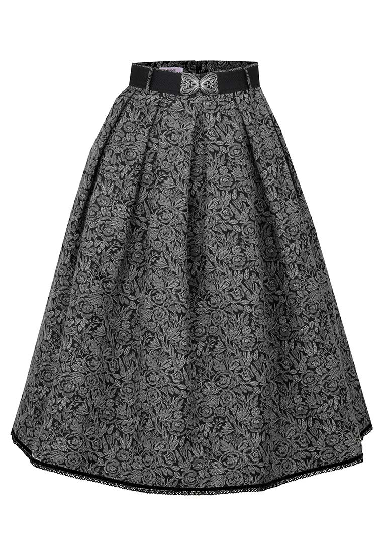 MarJo Trachten Trachtenrock Halsbach schwarz 70 cm, Frontansicht eines schwarzen Trachtenrocks mit Blumenmuster und silbernem Bund.