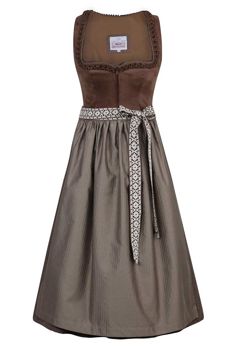 MarJo Trachten Dirndl Reichenfels braun Frontansicht eines eleganten Dirndls aus braunem Stoff mit einem gemusterten Schürzenband.