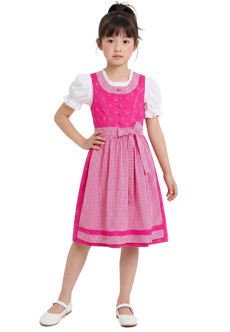 Isar Trachten Kinderdirndl Amalia pink: Frontansicht eines eleganten pinkfarbenen Dirndls mit Karomuster und gepunktetem Oberteil, Gürtel und Puffärmeln.