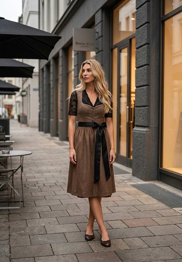 Trachten Deiser Dirndl Margrit braun 70 cm, Frontansicht eines stilvollen Dirndls in Braun mit schwarzem Band und Spitze. Das Modell trägt das Kleid auf einer Straße.