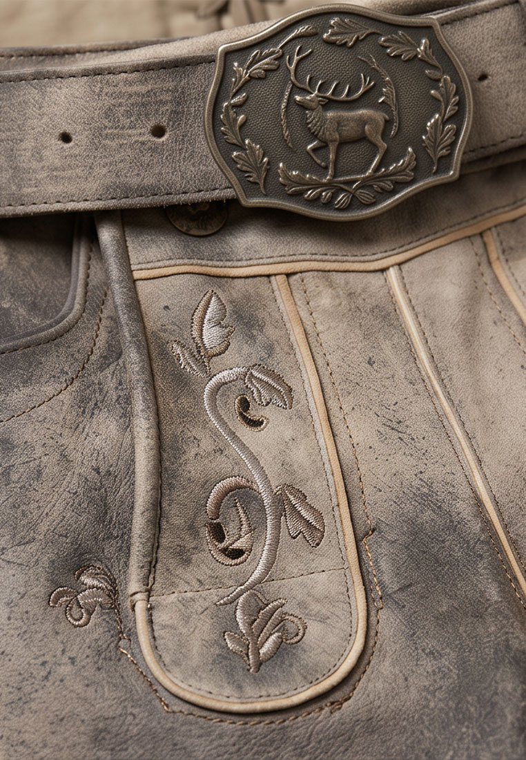 Maddox Lederhose Haldensee Buche Detailansicht in Grau mit sichtbarer Stickerei und Gürtelschnalle mit Hirschmotiv.