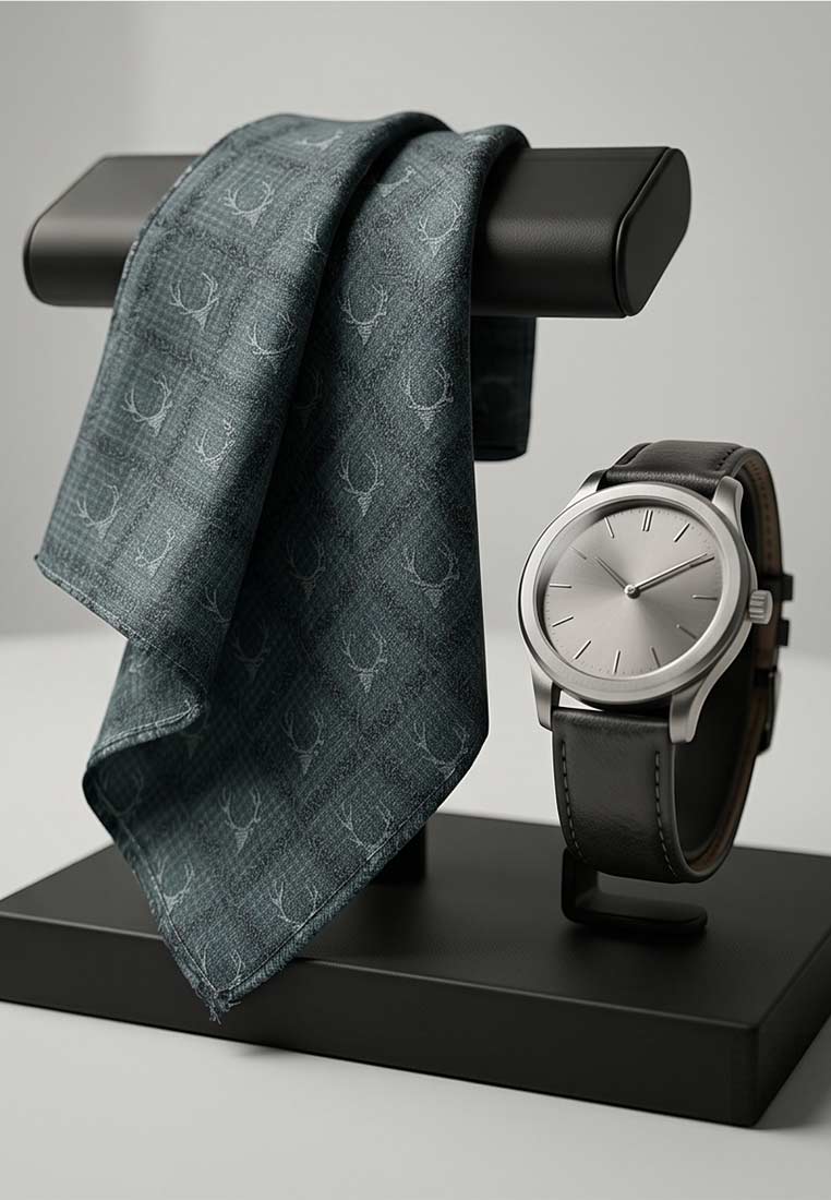 Luise Steiner Stecktuch Geweih aqua, Vorderansicht. Ein stilvolles dunkelblaues Stecktuch mit Geweihmuster ist auf einem Ständer drapiert.