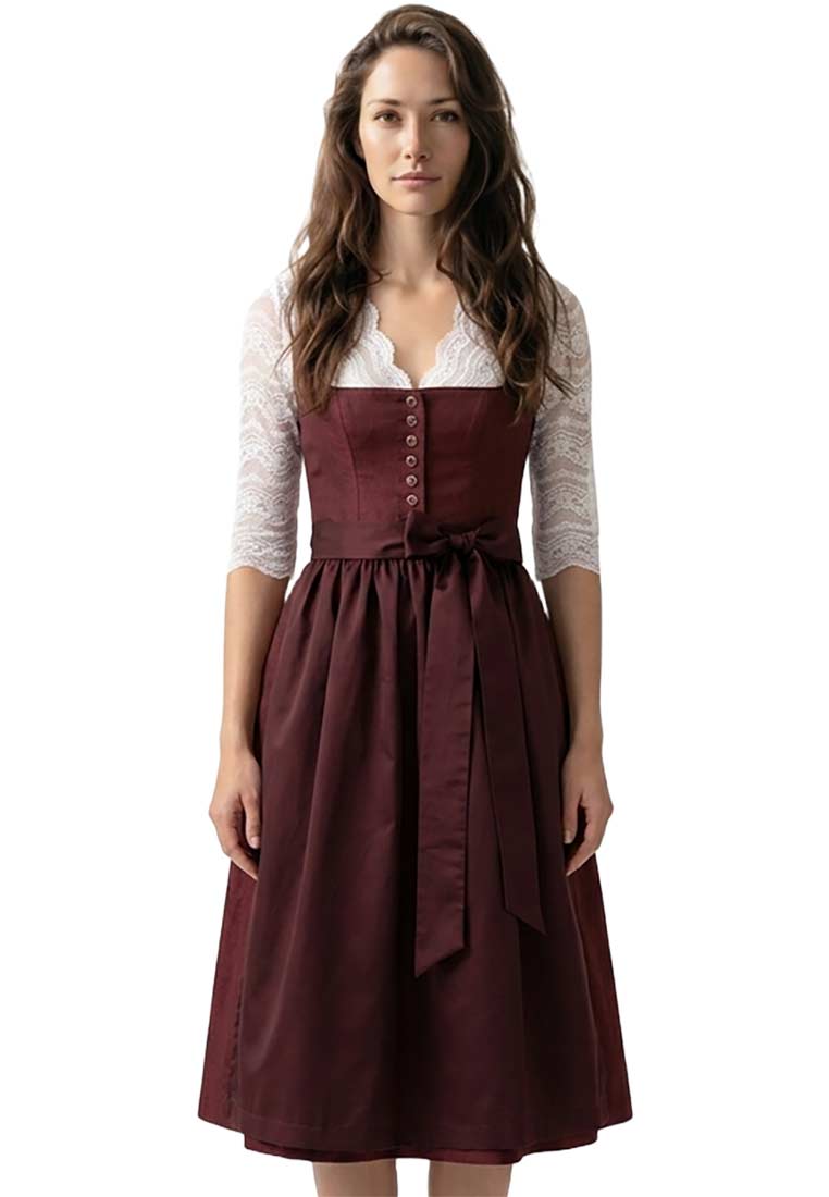 Frontansicht eines kastanienroten MarJo Trachten Dirndls Vordernberg 65 cm mit silbernen Knöpfen und einer Schürze mit Schleife.