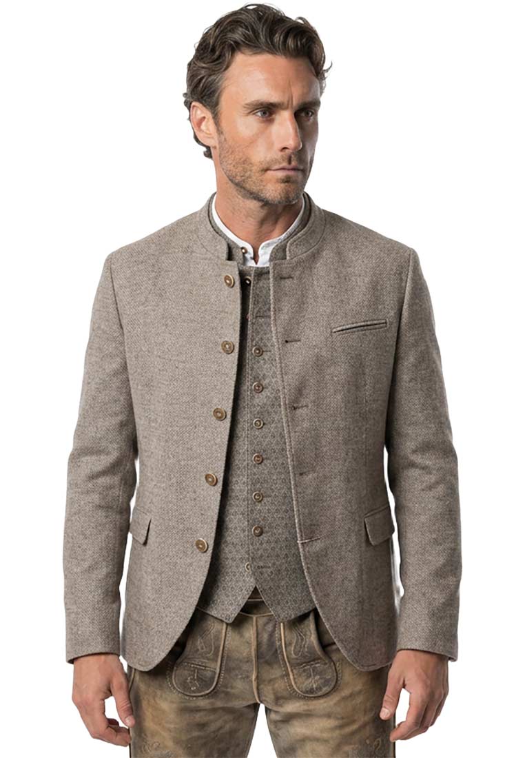 Gweih&Silk Janker Landsberg Herren in Braun, Frontansicht, mit Knopfleiste und zwei sichtbaren Pattentaschen.