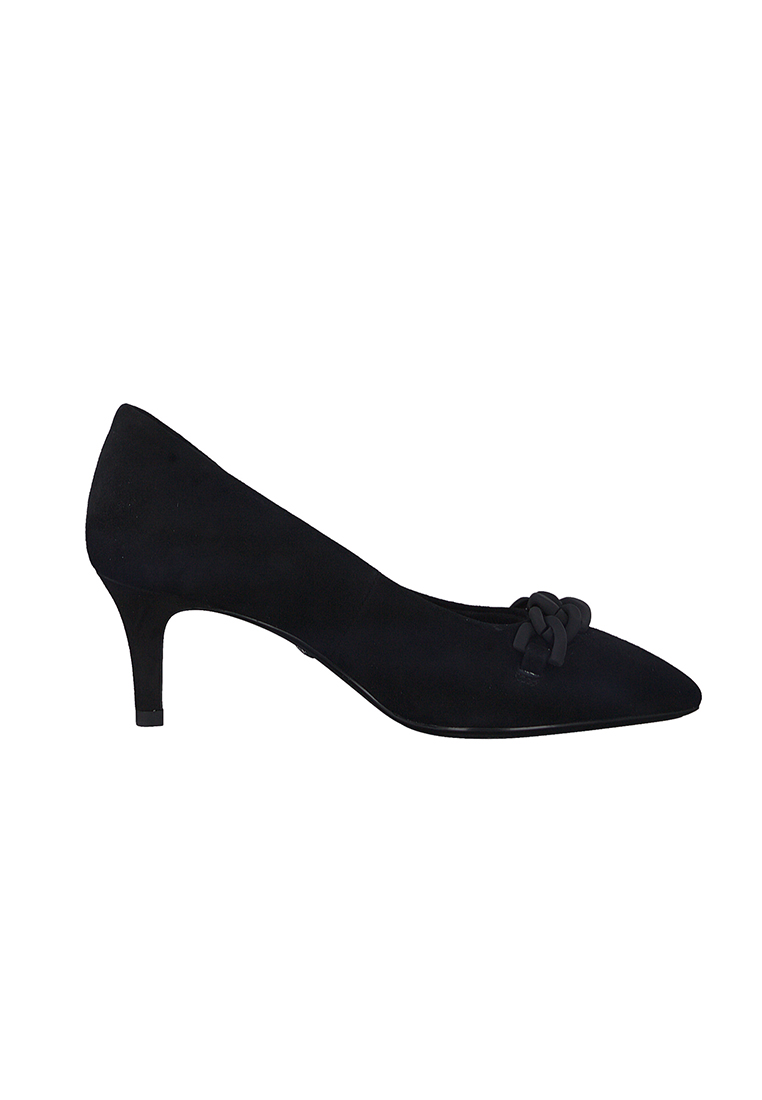 Tamaris Pumps schwarz: elegante Seitenansicht eines schwarzen Pumps mit modischem Knoten-Detail auf der Vorderseite und einem schmalen Absatz.