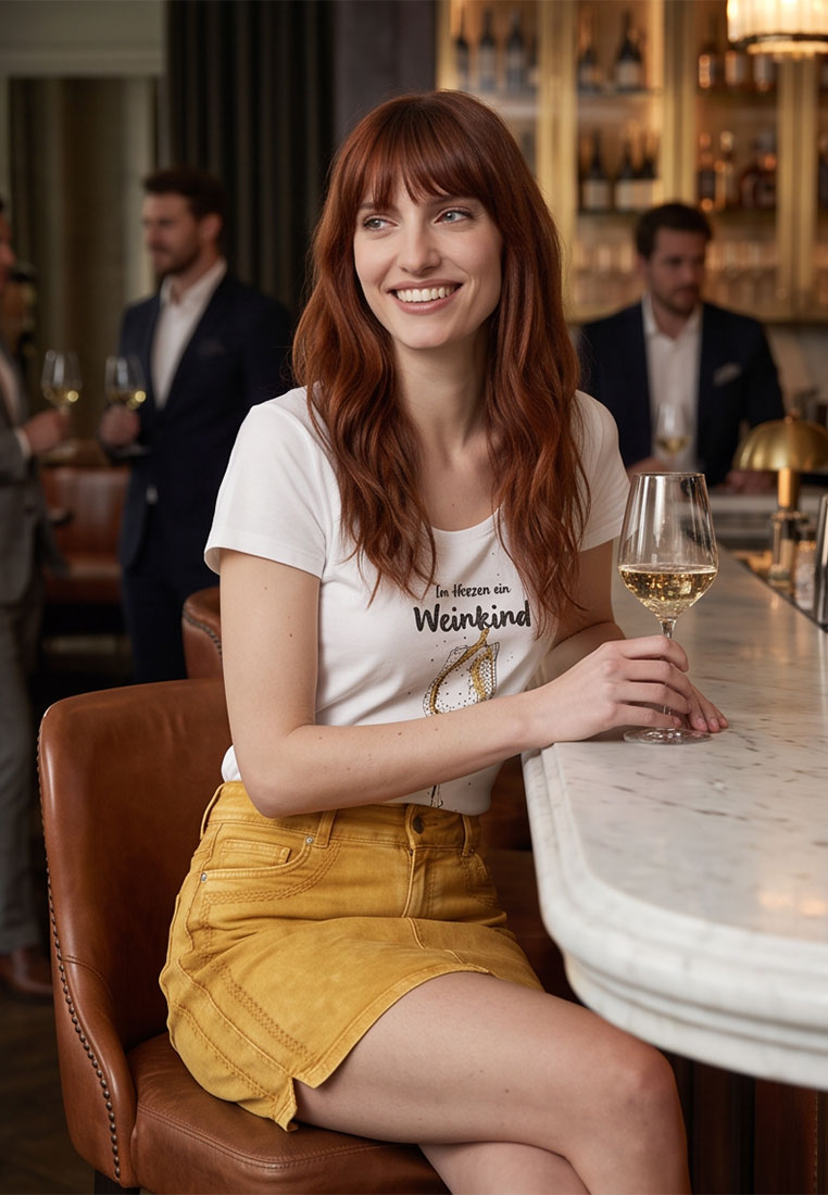 Hangowear Damenshirt Weissweinkind in Weiß, Frontansicht mit Stickerei. Das Shirt hat kurze Ärmel und einen Rundhalsausschnitt.