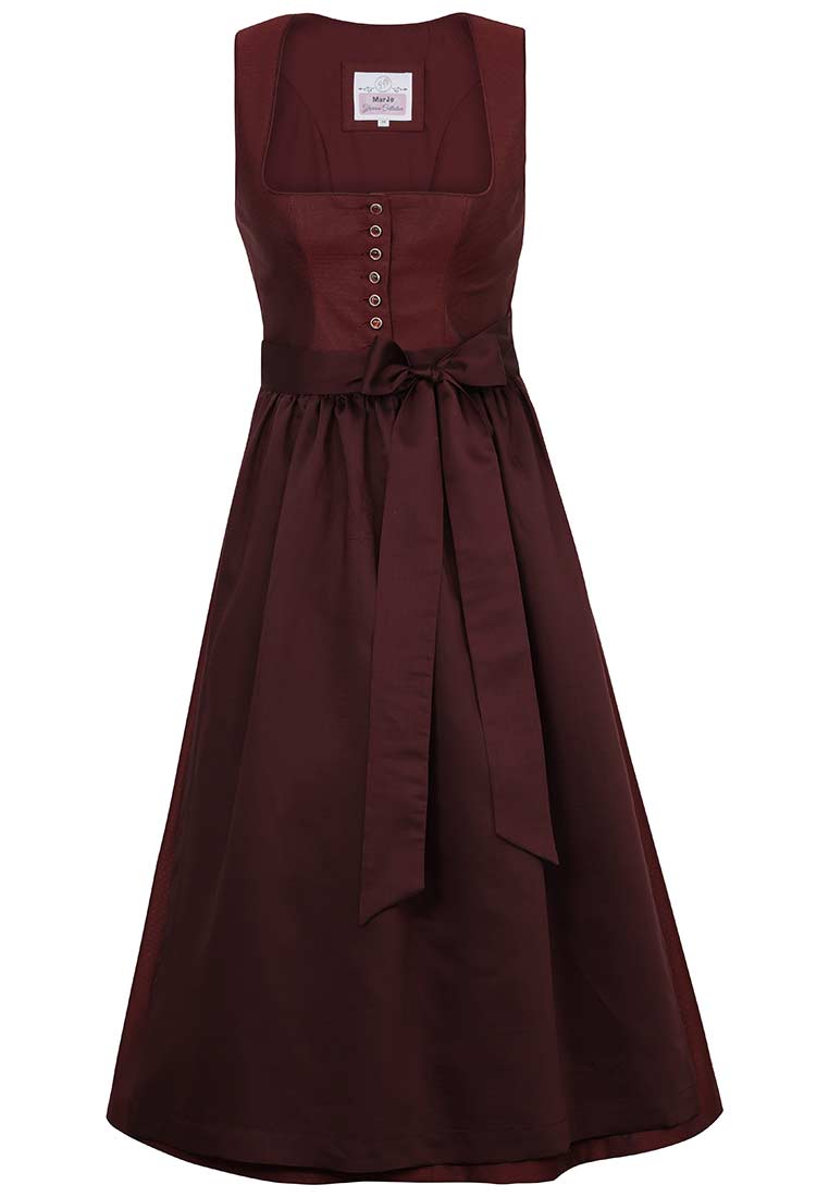 Frontansicht des MarJo Trachten Dirndl Vordernberg in kastanienrot mit durchgehender Knopfleiste und Bindegürtel.