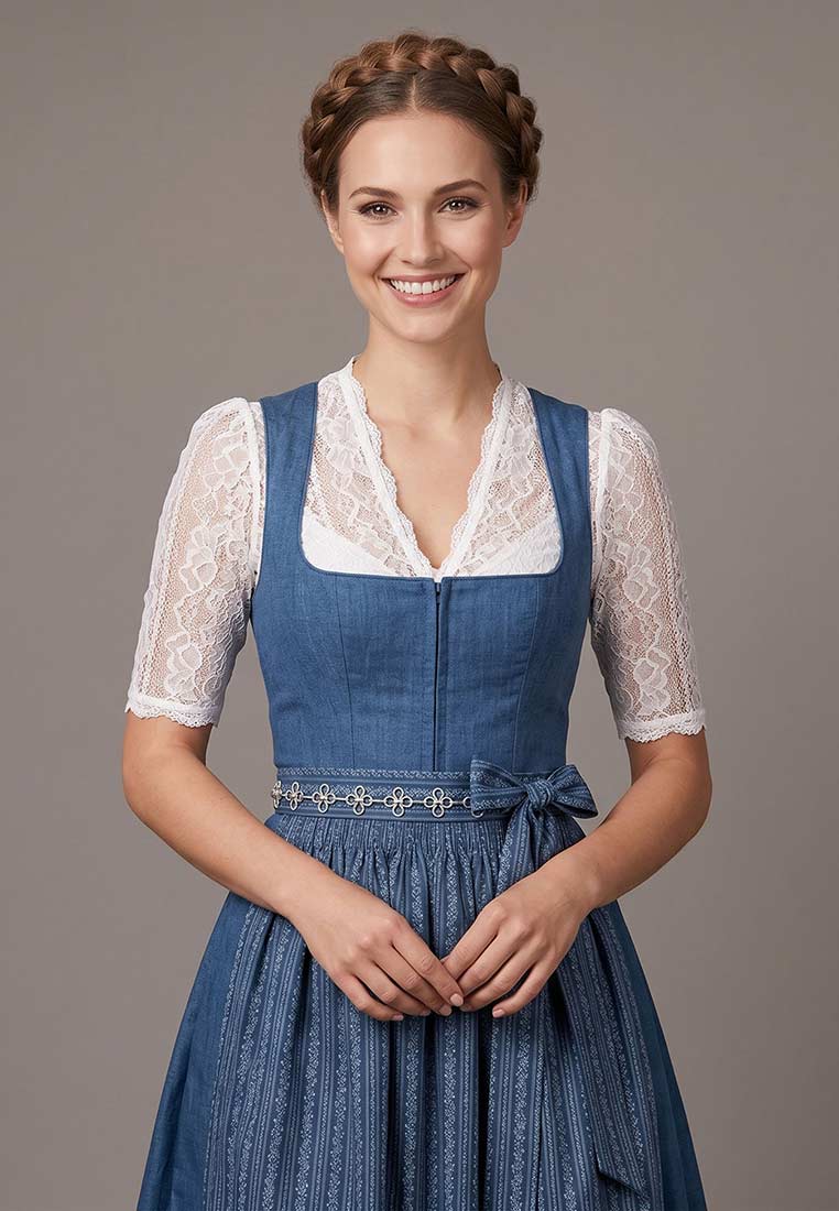 Frontansicht eines Damen-Dirndls von Alpenflüstern mit floraler silberner Schürzenkette in Blau mit weißer Spitze und Blumenmuster.