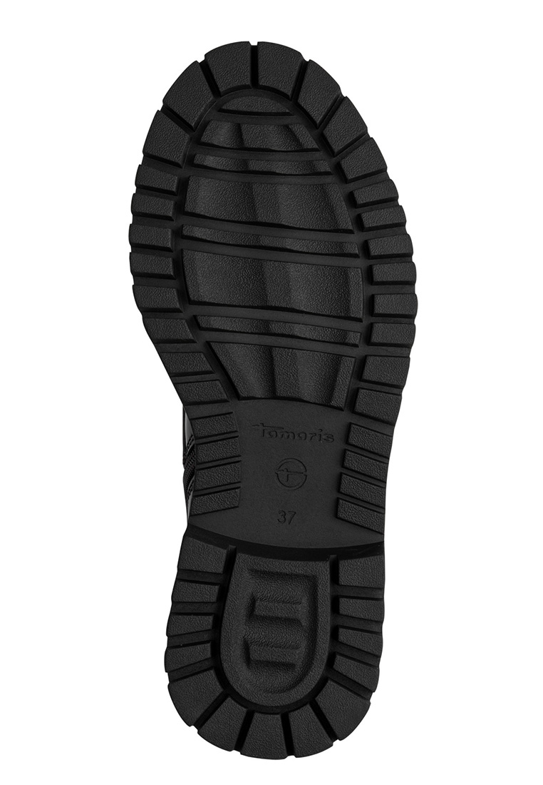 Tamaris Stiefelette Aria, Rückansicht einer schwarzen Profilsohle mit grobem Muster und Herstellerlogo.