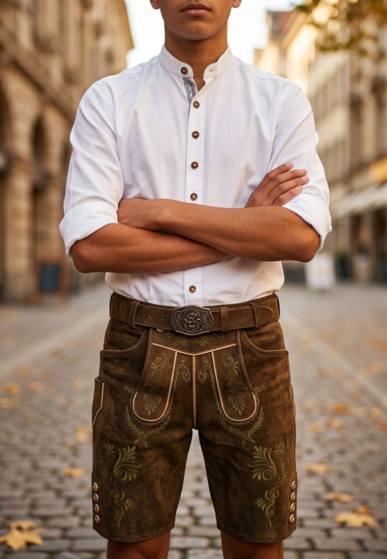 Maddox Lederhose Bregenz kiefer in braun, Frontansicht. Die Hose hat seitliche Taschen und Schnallen am Beinabschluss.