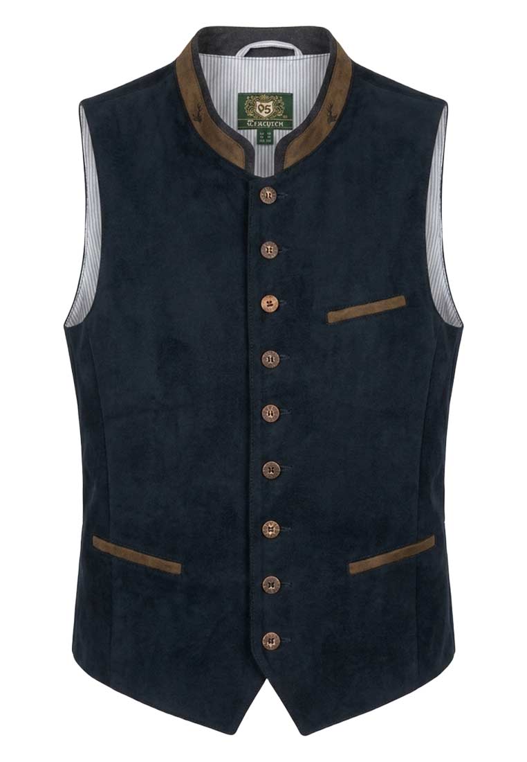 Frontansicht der Orbis Trachtenweste Erich in Dunkelblau mit Knopfleiste und zwei Pattentaschen.