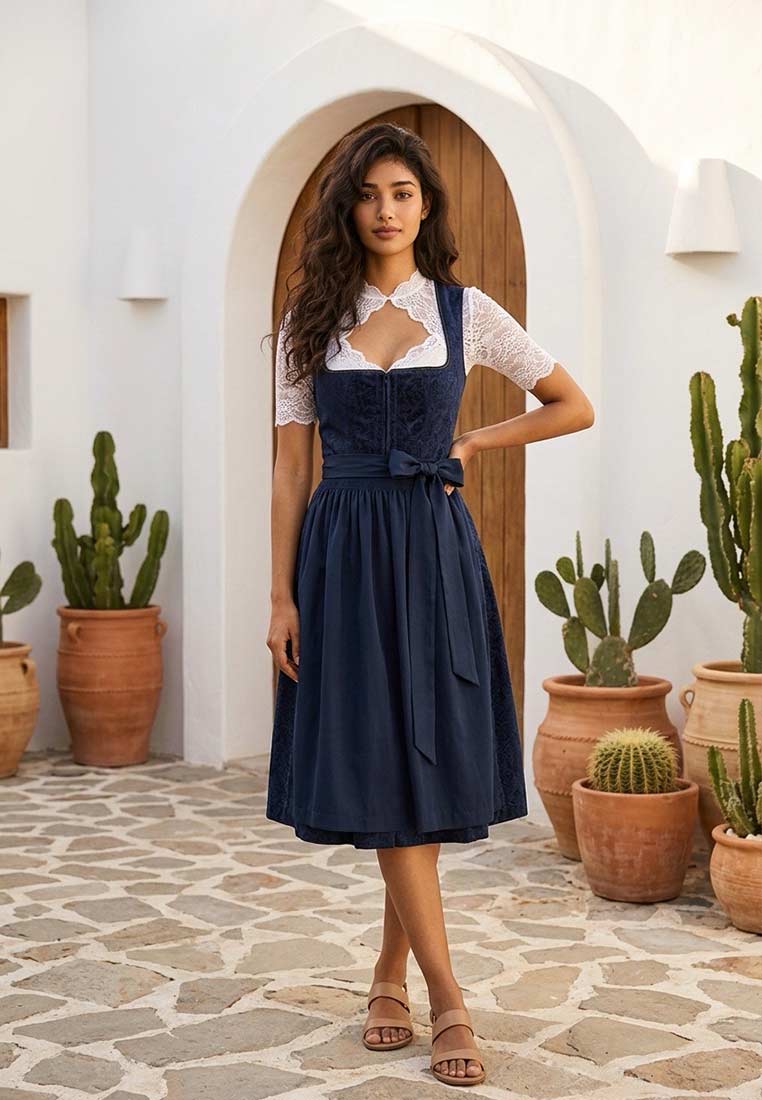 Trachten Deiser Dirndl Babsi marine 60 cm in Frontansicht, mit Schürze aus Stoffband und sichtbarem Reißverschluss.