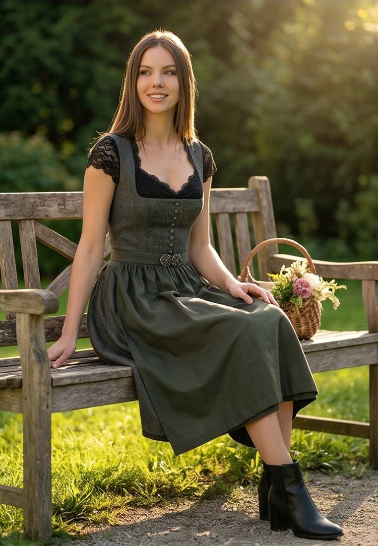 Kaiseralm Dirndl Seraina dunkelgrün 70 cm in Frontansicht. Ein stilvolles Dirndl in dunkelgrün mit schimmerndem Stoff und Knöpfen.