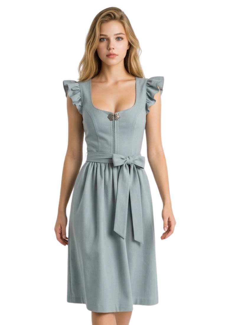 Frontansicht eines Dirndl Meliora von Madame Marie in Himmelblau mit Reissverschluss und Schleife am Bund.