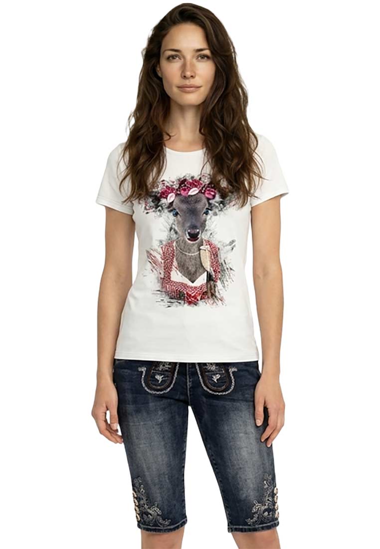 Almtracht Trachtenshirt Lucy in Weiß mit Hirschmotiv-Print, Frontansicht, mit Rundhalsausschnitt und kurzen Ärmeln.