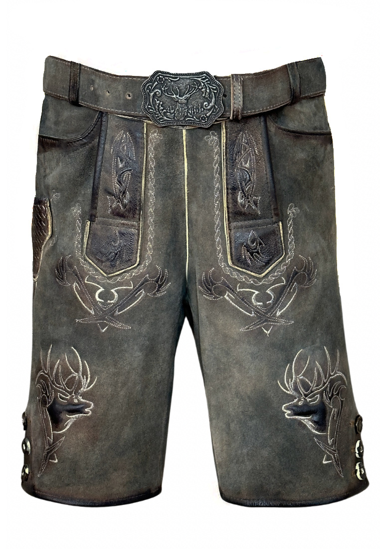 Maddox Lederhose Urgsee coffee, Frontansicht einer dunkelbraunen Lederhose mit Stickereien, Gürtelschlaufen und einem verzierten Gürtelschloss.