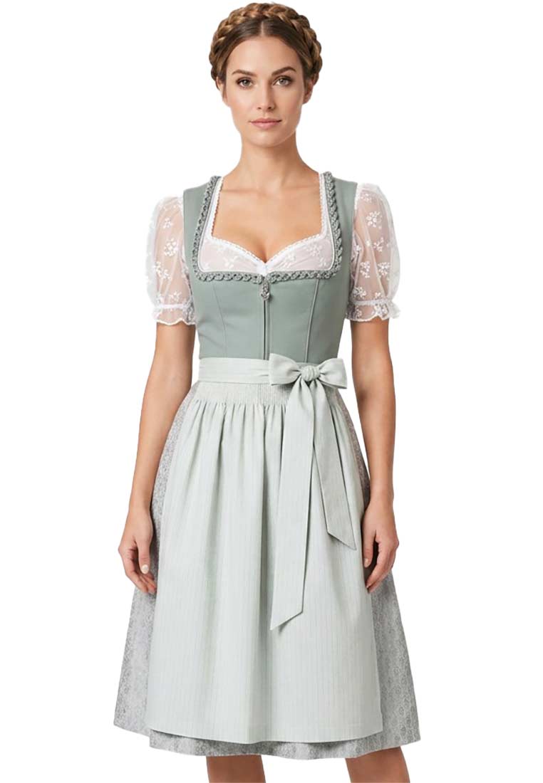 Krüger Dirndl Rilina hellgrün 60cm, Frontansicht. Elegantes hellgrünes Dirndl mit weißer Bluse und Schürze.