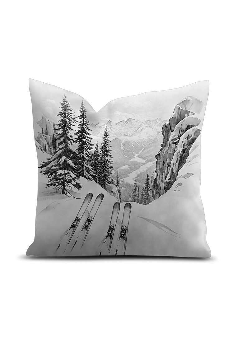 Pôdevache Kissen Bergpiste 45x45 cm in Schwarz-Weiss, Frontansicht, winterliches Skipistenmotiv für gemütliches Chalet Ambiente.