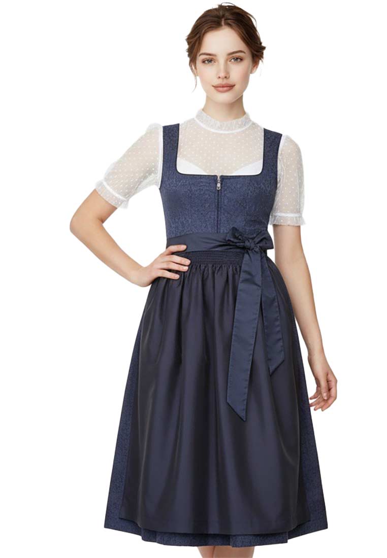 Marjo Dirndl Biebelried navy 70cm in Frontansicht. Das traditionelle Kleid in Dunkelblau hat einen Reißverschluss vorne und eine Schleife in der Taille.