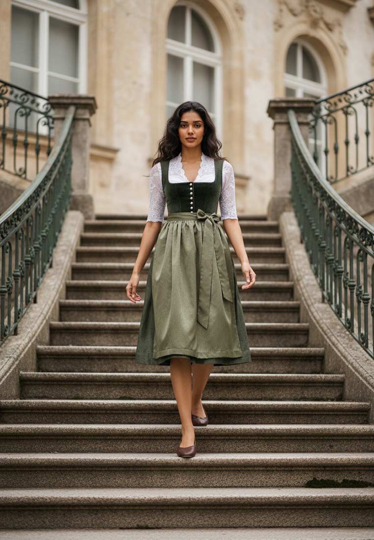 Marjo Dirndl Petersdorf waldgrün 70cm in Frontansicht. Das Dirndl ist waldgrün mit einem weißen Spitzenoberteil und einer Schürze mit Schleife.