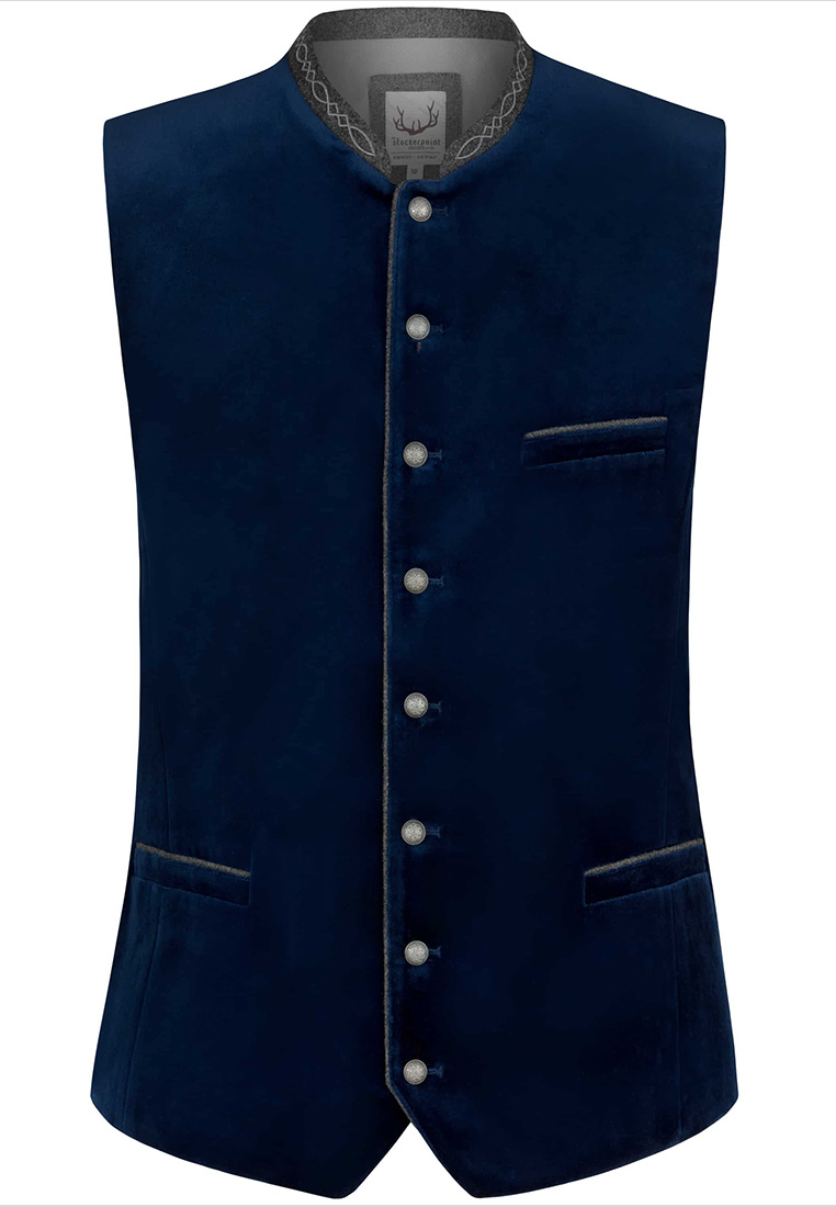 Stockerpoint Trachtenweste Lorenzo indigo, Frontansicht einer dunkelblauen Weste mit silbernen Knöpfen und zwei sichtbaren Eingrifftaschen.
