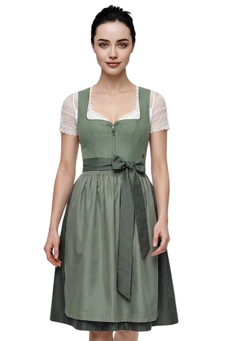 Marjo Dirndl Lichtenfels grün 58 cm Frontansicht, Frau im grünem Dirndl mit Reißverschluss vorne und gebundenem Schürzenband.