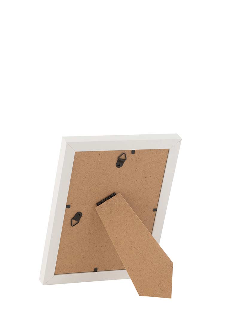 J-LINE Fotorahmen Naturell Medium in weiss mit Rückansicht und Aufsteller, zeigt Befestigungslaschen.