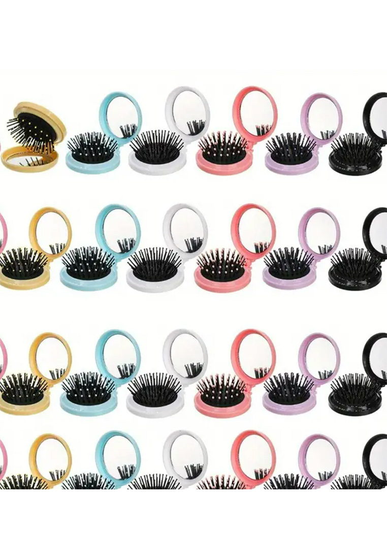 Schmuckzauber faltbare Reisehaarbürsten mit Spiegel in verschiedenen Farben, Frontansicht, mit klappbarem Spiegel und schwarzen Borsten.