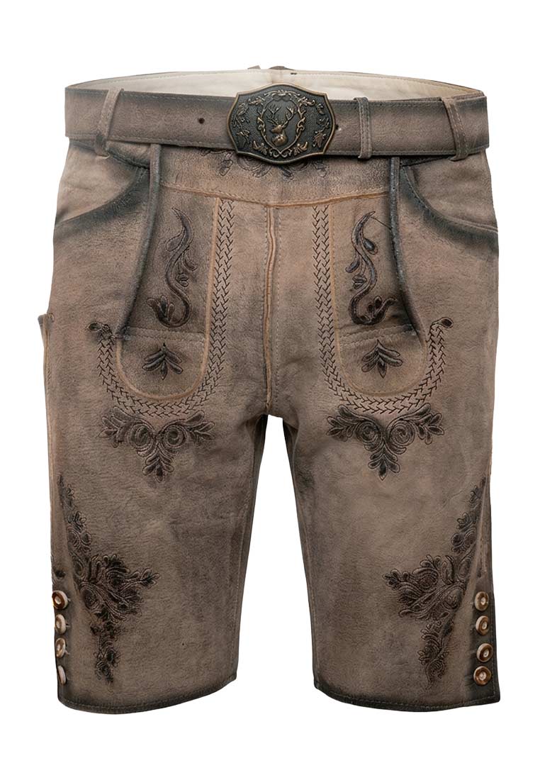 Maddox Lederhose Ermann grau Frontansicht mit stilvollem Gürtel und traditionellen Stickereien, die ein klassisches Design hervorheben.