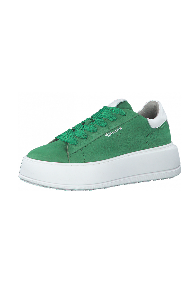 Tamaris Sneaker green: Frontansicht eines stilvollen grünen Sneakers mit weißer Plateau-Sohle und Schnürung.