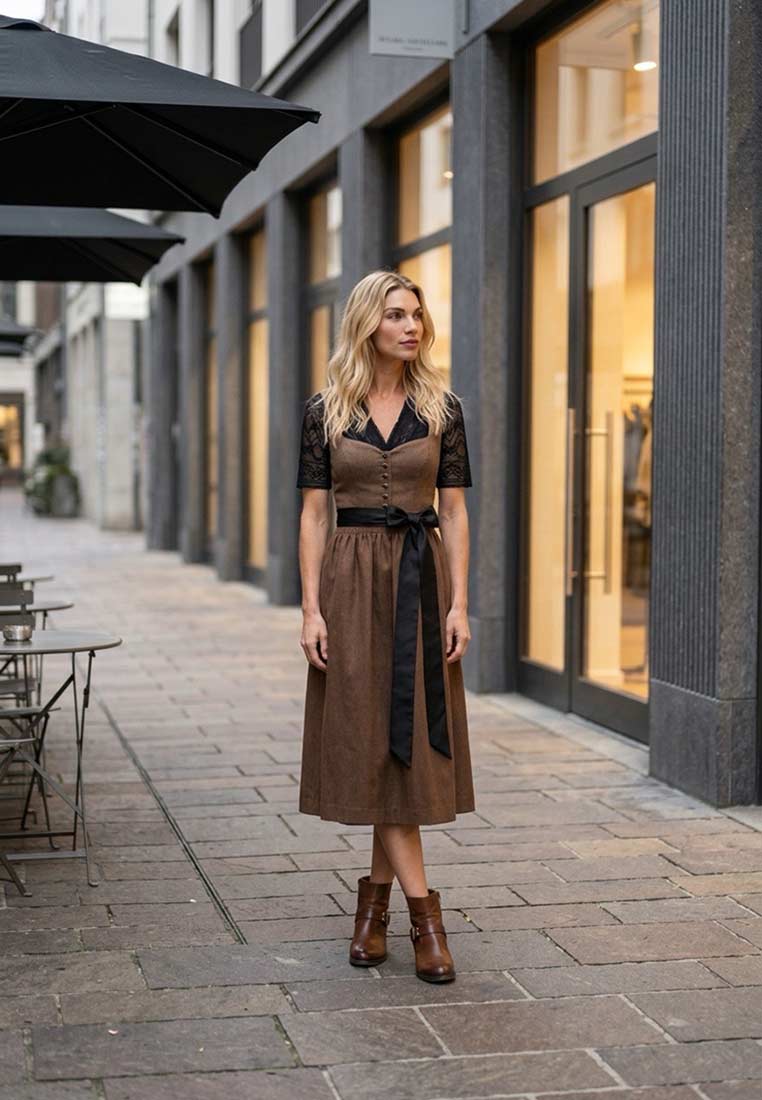 Trachten Deiser Dirndl Margrit in Braun, 70 cm, Frontansicht. Das Dirndl hat eine Knopfleiste vorne und einen breiten schwarzen Bindegürtel in der Taille.
