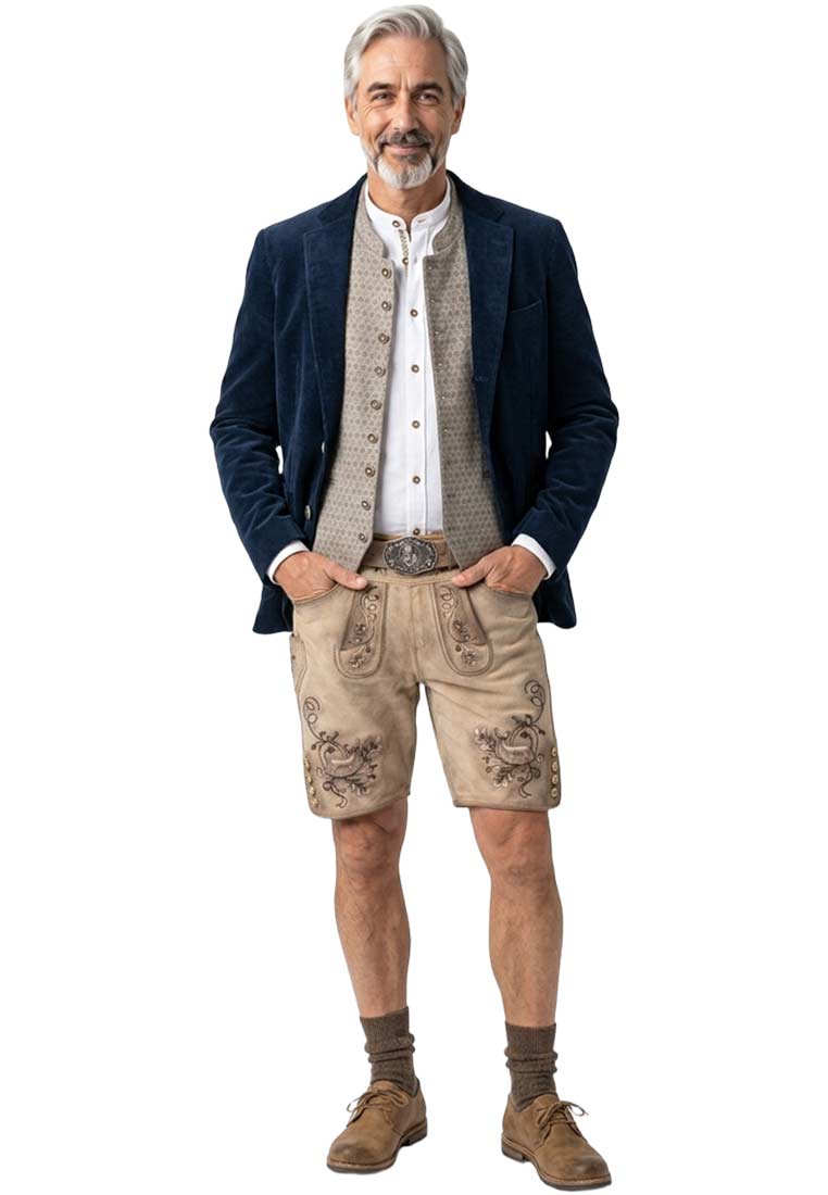 Frontansicht Kaiseralm Trachtenweste Emil braun, eine stilvolle Trachtenweste für Herren mit Knöpfen, passend zu Lederhosen und Hemd.