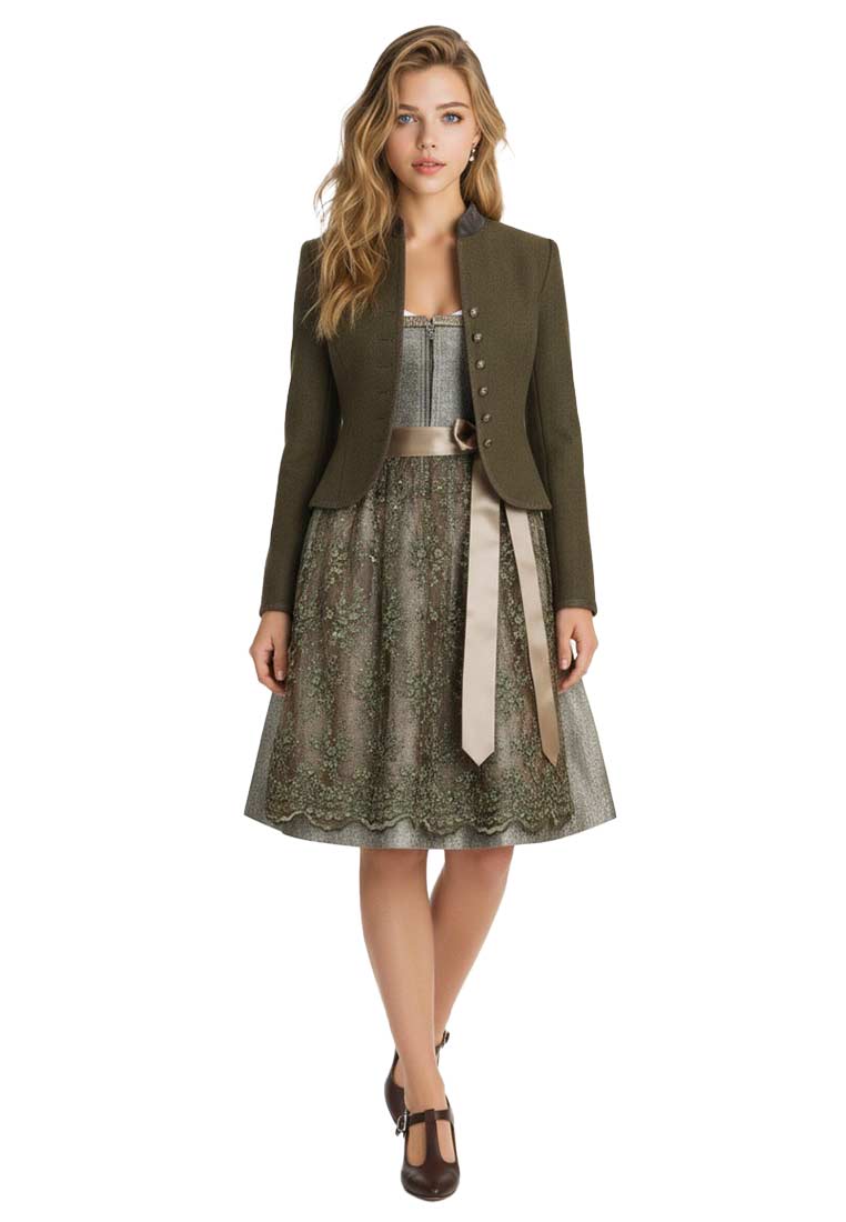 Alpenherz Walkjanker Amelie in Oliv, Frontansicht, mit silberfarbenen Knöpfen und einem Band in Beige.