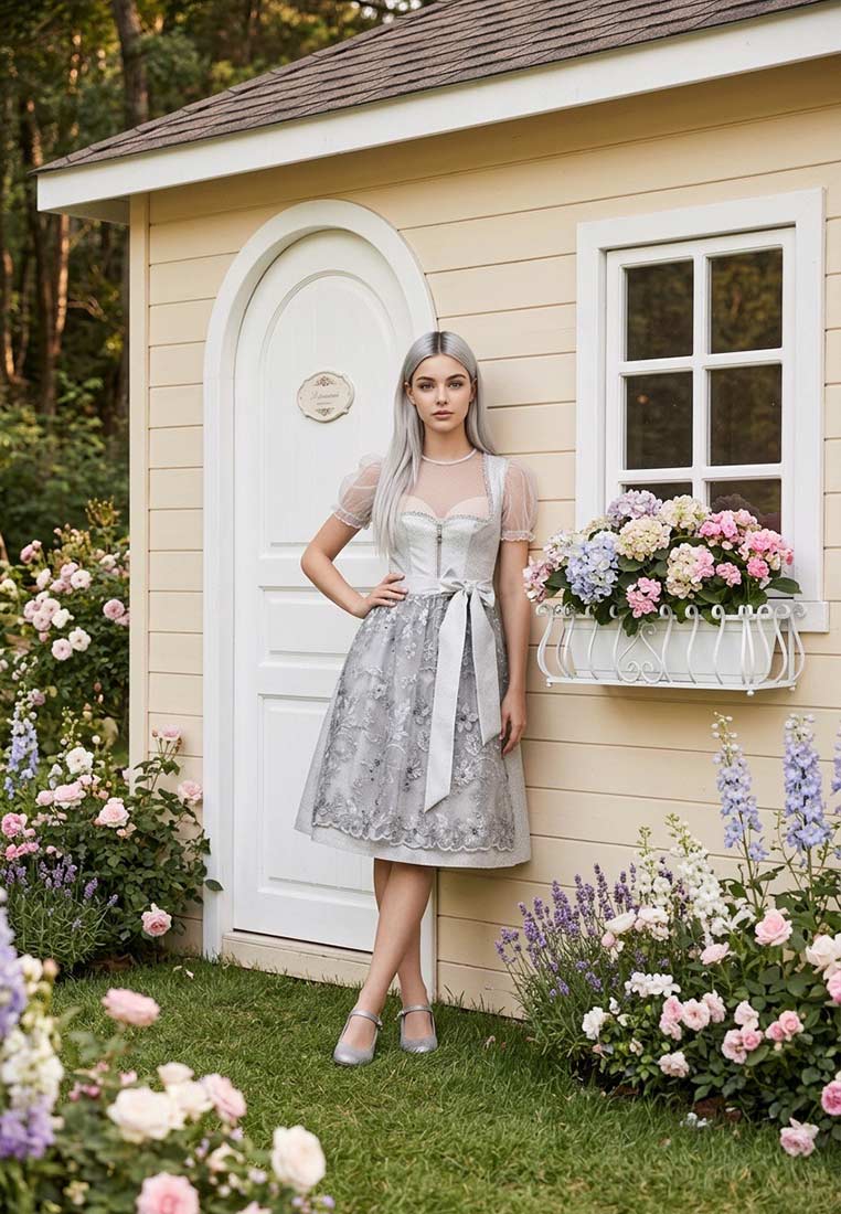 Marjo Dirndl Dana silbergrau, Frontansicht. Das elegante Dirndl in Silbergrau hat einen Rundhalsausschnitt und einen Reißverschluss vorne.