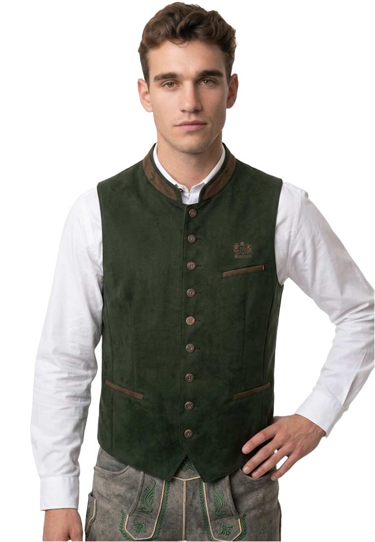 Orbis Trachtenweste Erich dunkelgrün, Frontansicht. Diese stilvolle dunkelgrüne Trachtenweste hat einen Stehkragen, Knöpfe vorne und eine Brusttasche.